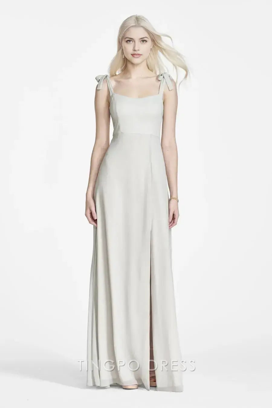 TingPo Wholesale Simple Light Grey Square Neck Dress - Bow Strap Sleeveless Midi Evening Gown